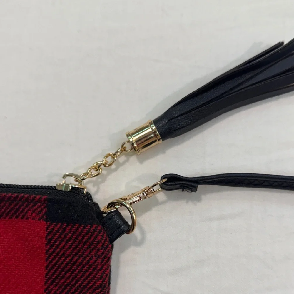 Red and Black Buffalo Plaid Crossbody Bag with Tassel